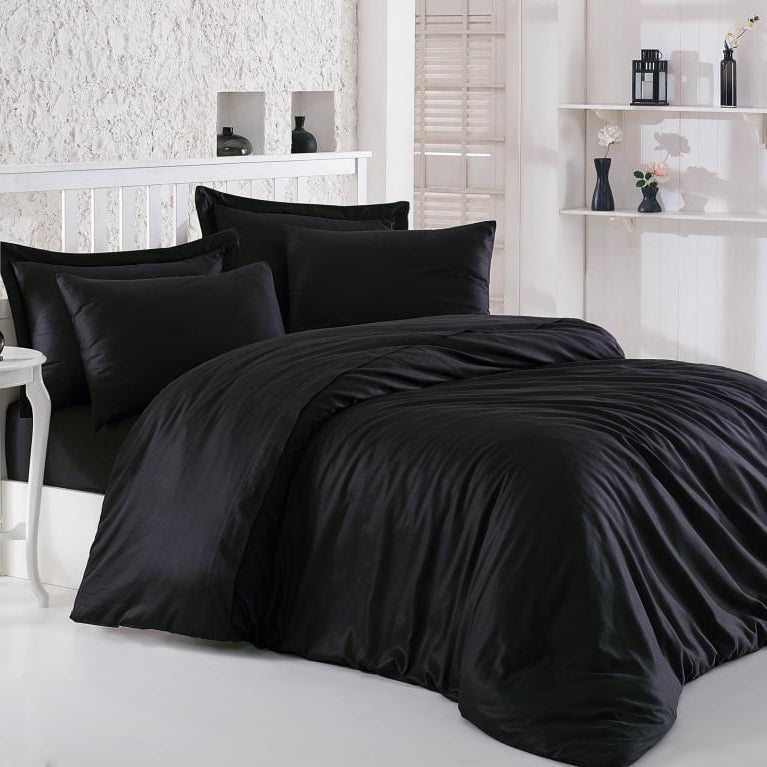 Elegant Siyah Çift Kişilik Saten Nevresim Takımı 83 Tel %100 Pamuk Bonvagon