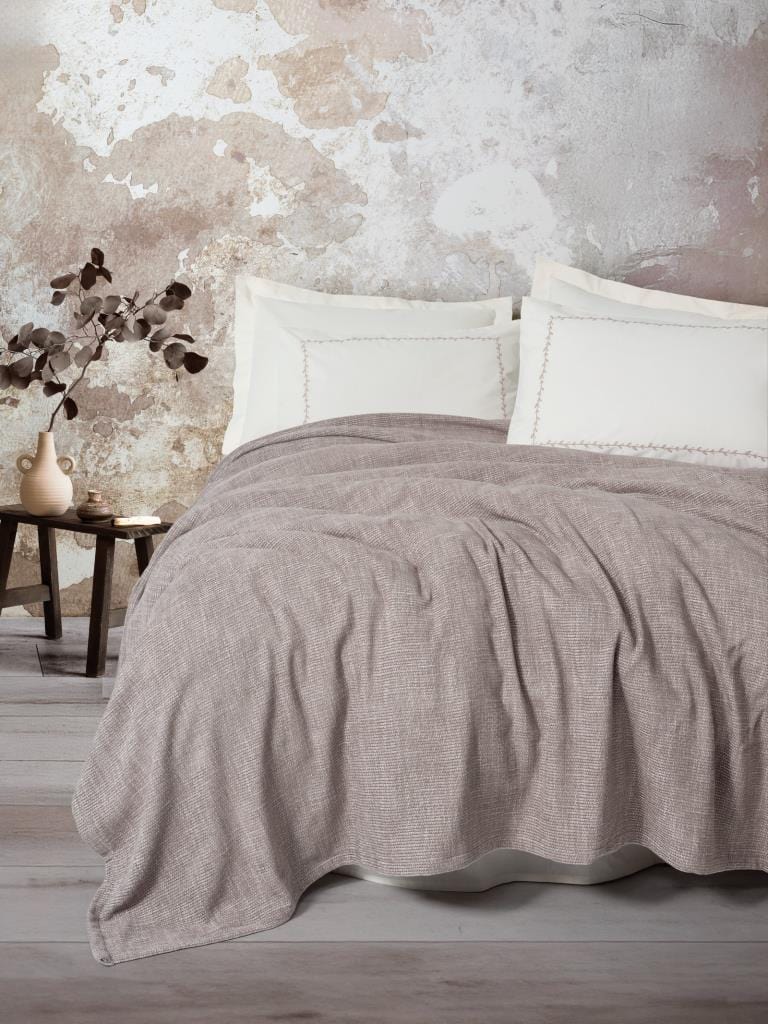 Embrova Şönil Çift Kişilik Yatak örtüsü / Pike Takımı Loom Bej 4 Adet Yastık Kılıfı Bonvagon