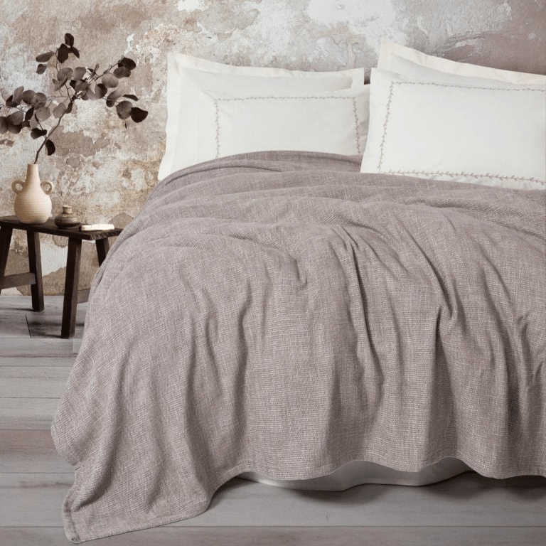 Embrova Şönil Çift Kişilik Yatak örtüsü / Pike Takımı Loom Bej 4 Adet Yastık Kılıfı Bonvagon