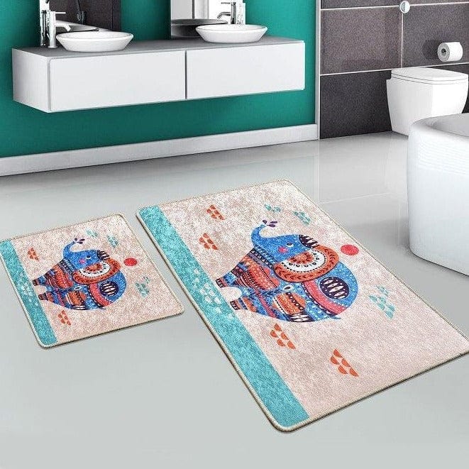 Etnic Fil Rectangle 2li Set Dijital Baskılı Banyo Halısı, Kaymaz Taban, Yıkanabilir Bonvagon