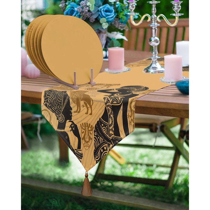 Etnik Afrikan Kadın Desenli Üçgen Püsküllü Runner 1 Adet & 6 Adet Hardal Renkli Supla Bonvagon