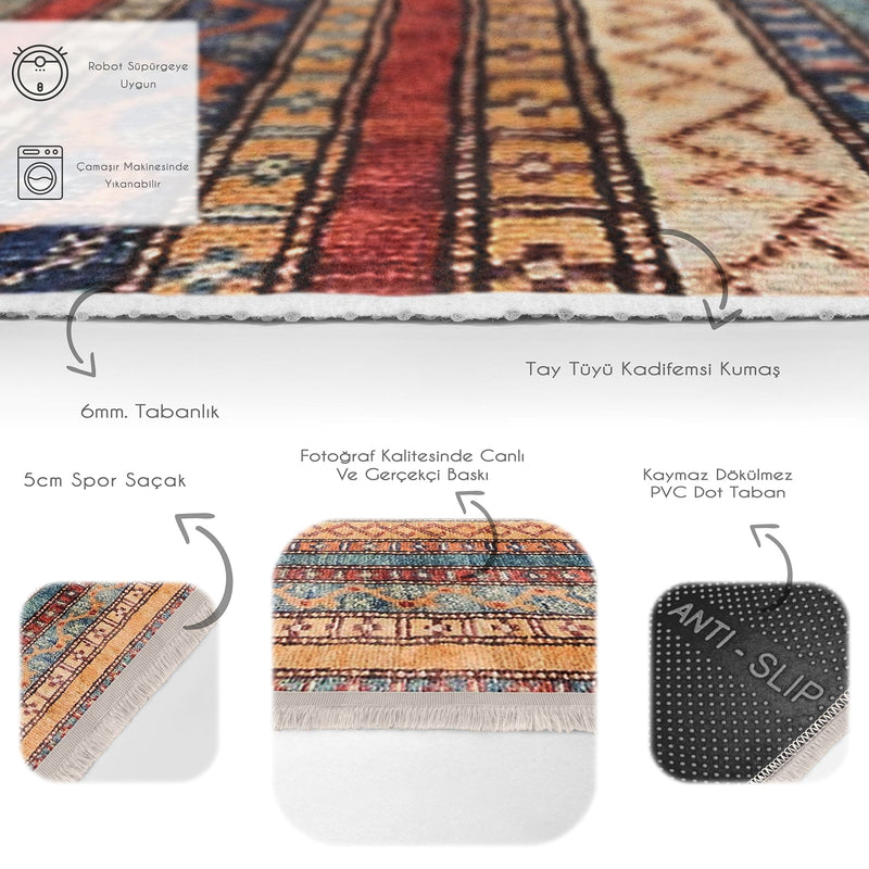 Etnik Hereke Motifli Geleneksel Desenli Etnik Motifler Vintage Salon Oturma Odası Koridor Antre Dijital Baskılı Makinede Yıkanabilir Saçaklı Halı Bonvagon