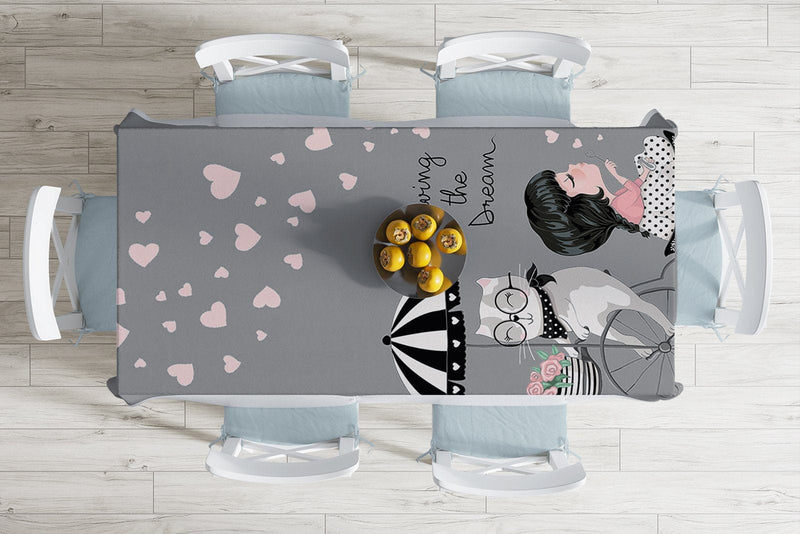 Fashion Girl Gri Dijital Baskılı Modern Leke Tutmaz Masa Örtüsü