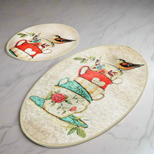 Fincan 2li Set Dijital Baskılı Banyo Halısı, Kaymaz Taban, Yıkanabilir Bonvagon