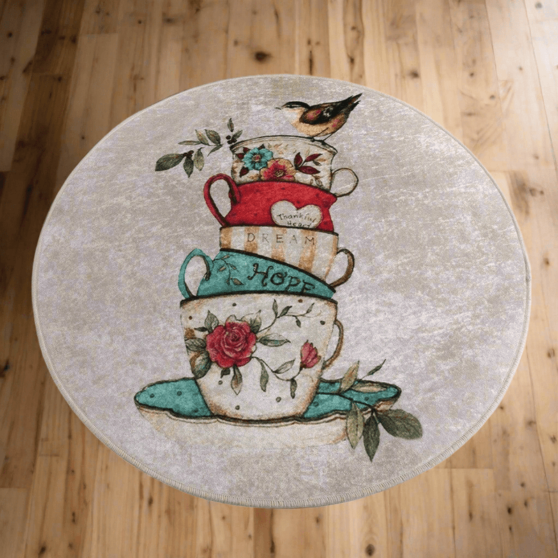 Fincan Çap 100cm Dijital Baskılı Yuvarlar Mutfak Halısı, Kaymaz Taban, Yıkanabilir Bonvagon