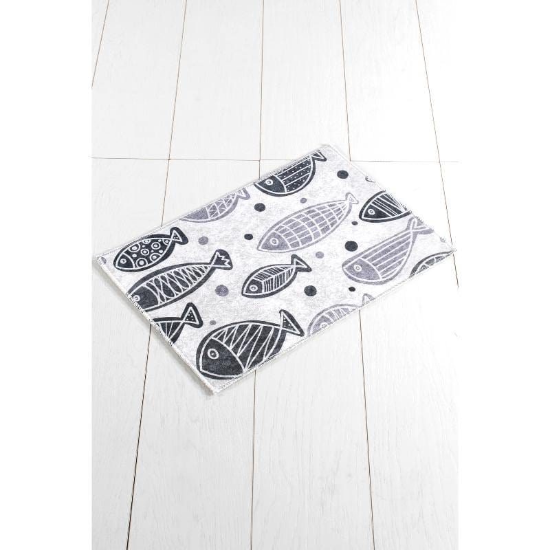 Fish White Dijital Baskılı Banyo Halısı, Kaymaz Taban, Yıkanabilir Bonvagon