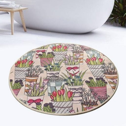 Flowerpot Çap 140cm Dijital Baskılı Banyo Halısı, Kaymaz Taban, Yıkanabilir Bonvagon