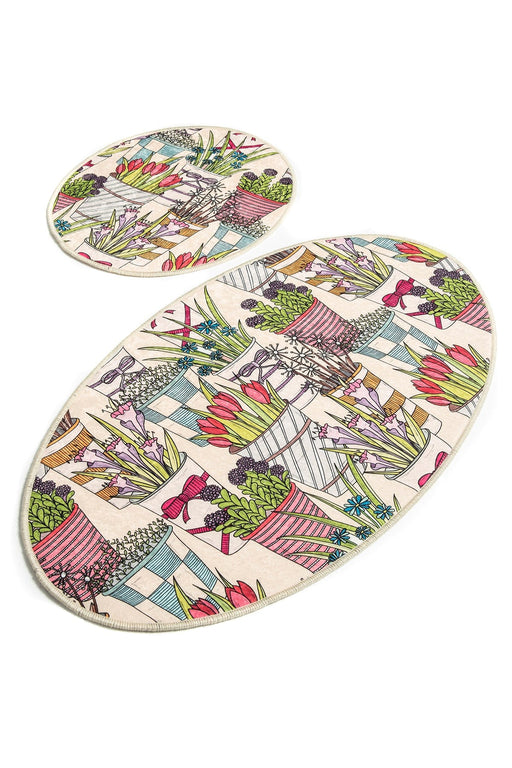 Flowerpot Dijital Baskılı 2li Set Banyo Halısı, Kaymaz Taban, Yıkanabilir Bonvagon