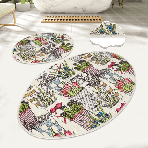 Flowerpot Dijital Baskılı 2li Set Banyo Paspas ve Halısı, Kaymaz Taban, Yıkanabilir Bonvagon