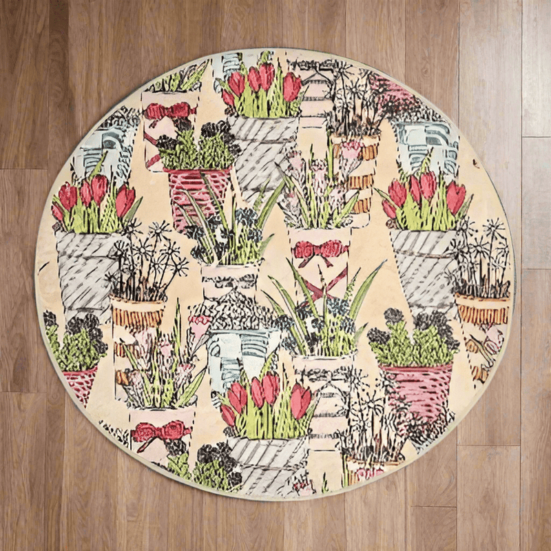 Flowerpot Dijital Baskılı Yuvarlak Banyo Paspas ve Halısı, Kaymaz Taban, Yıkanabilir Bonvagon