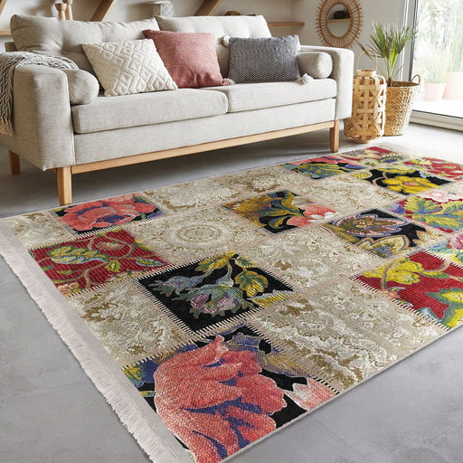 Geleneksel Patchwork Motifli Etnik Desenli Vintage Avangarde Dijital Baskılı Makinede Yıkanabilir Saçaklı Halı