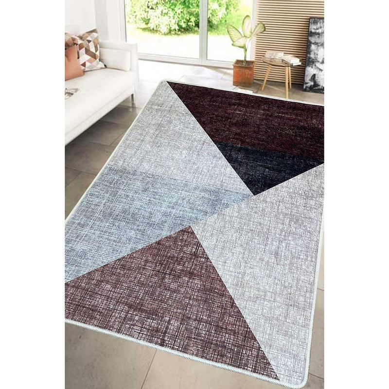 Geometrik Desenli Phell Bej Dijital Baskılı Halı, Kaymaz Taban, Yıkanabilir Bonvagon