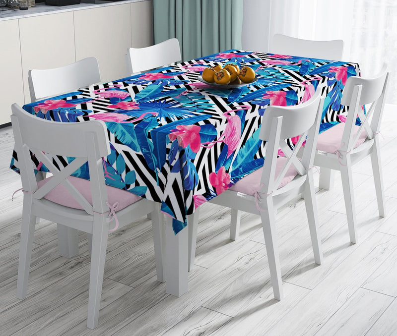 Geometrik Mavi Pempe Flamingo Tasarımlı Dijital Baskılı Leke Tutmaz Masa Örtüsü Bonvagon