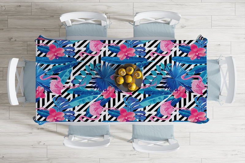 Geometrik Mavi Pempe Flamingo Tasarımlı Dijital Baskılı Leke Tutmaz Masa Örtüsü Bonvagon