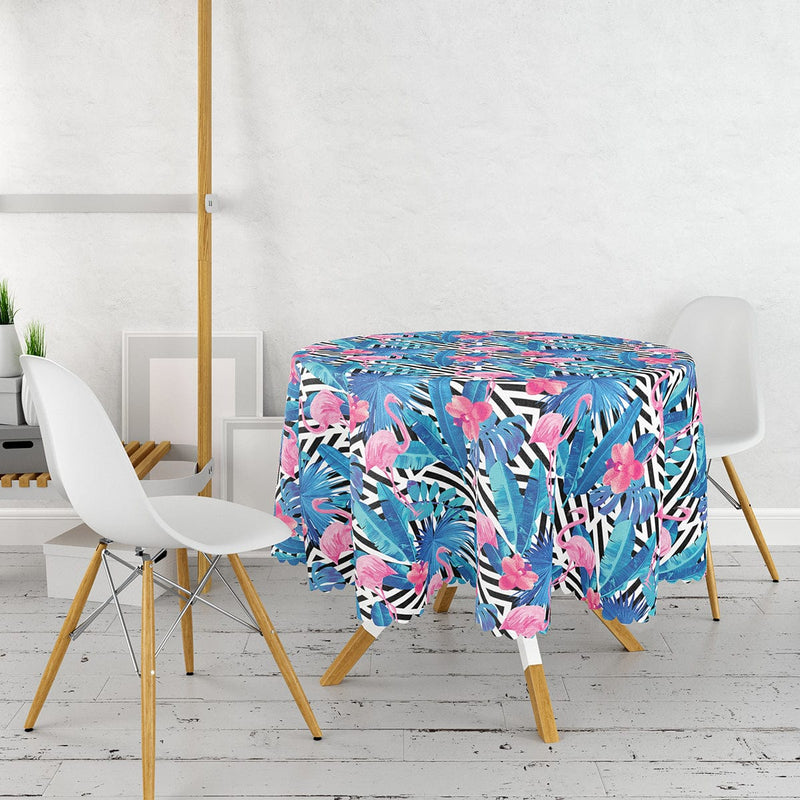 Geometrik Mavi Pempe Flamingo Tasarımlı Dijital Baskılı Leke Tutmaz Yuvarlak Masa Örtüsü Bonvagon