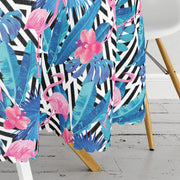 Geometrik Mavi Pempe Flamingo Tasarımlı Dijital Baskılı Leke Tutmaz Yuvarlak Masa Örtüsü Bonvagon