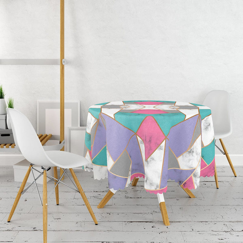 Geometrik Şekilli Mermer Baskılı Modern Leke Tutmaz Yuvarlak Masa Örtüsü