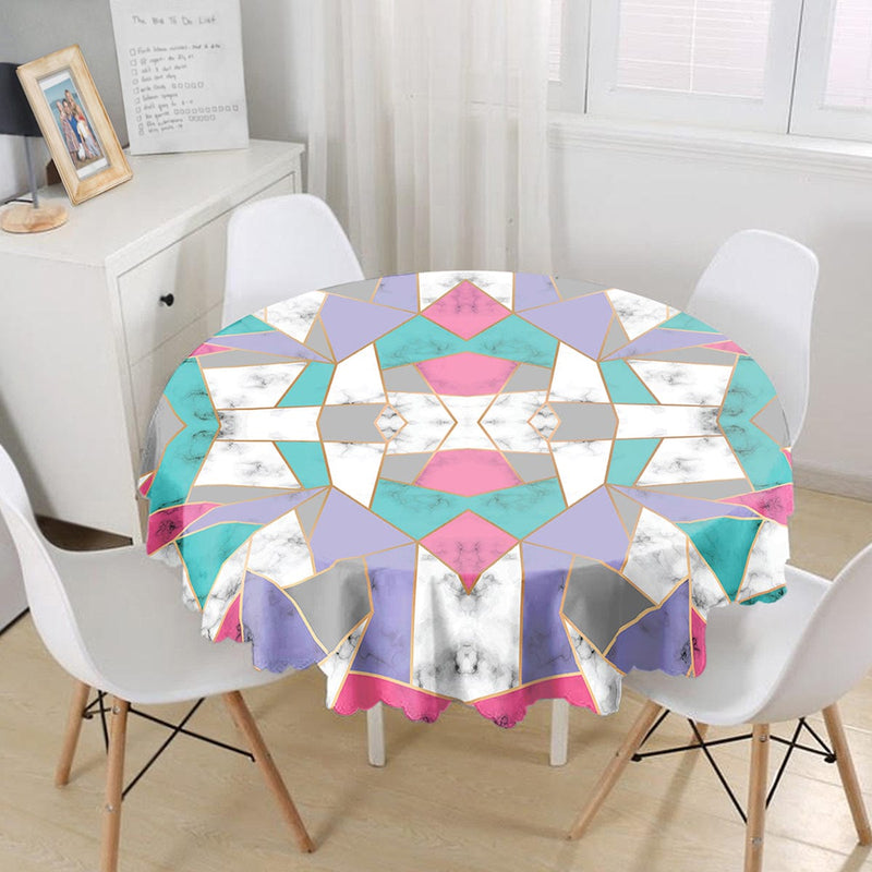 Geometrik Şekilli Mermer Baskılı Modern Leke Tutmaz Yuvarlak Masa Örtüsü