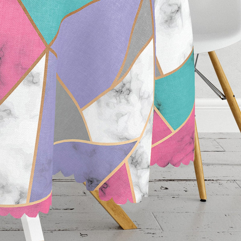 Geometrik Şekilli Mermer Baskılı Modern Leke Tutmaz Yuvarlak Masa Örtüsü Bonvagon