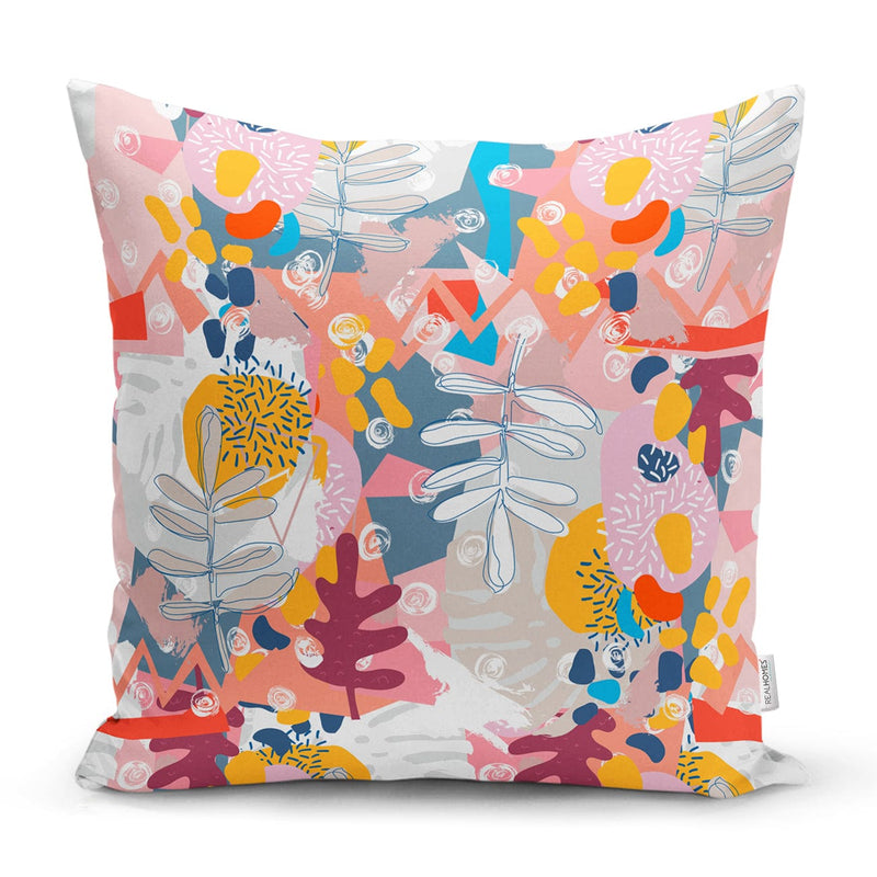 Geometrik Soyut Desenli Rengarenk Yaprak Motifli Kırlent Kılıfı 43x43cm Bonvagon