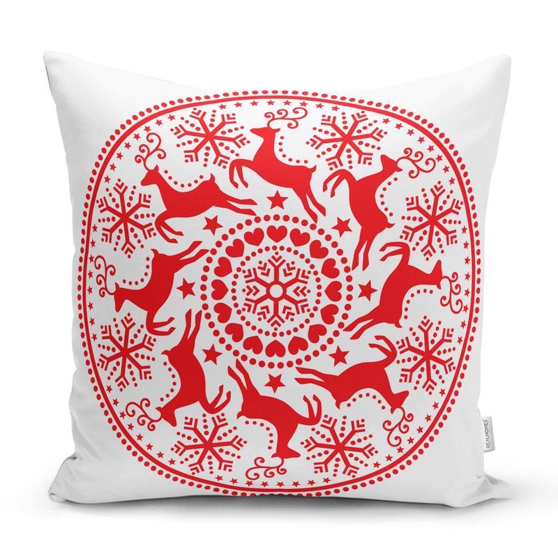 Geometrik Yılbaşı Geyikleri Dijital Baskılı Yastık Kırlent Kılıfı 43x43cm Bonvagon