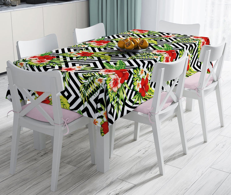 Geometrik Zeminde Çiçek Desenli Leke Tutmaz Masa Örtüsü Bonvagon