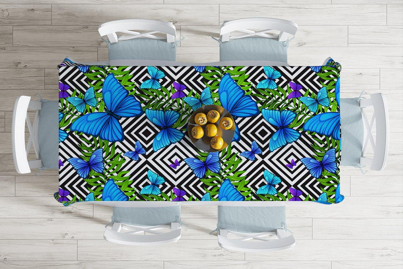 Geometrik Zeminli Mavi Kelebek Baskılı Leke Tutmaz Masa Örtüsü Bonvagon