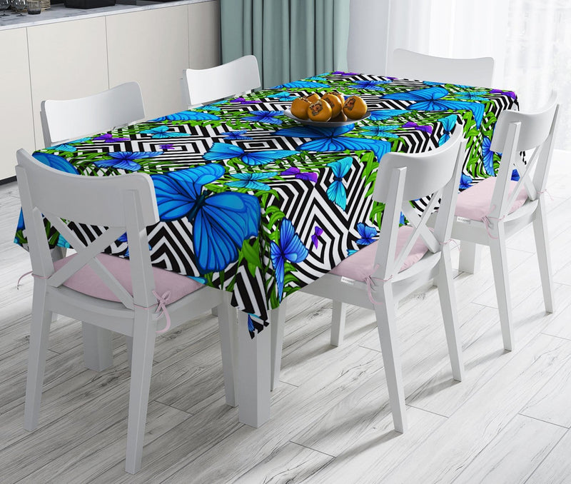 Geometrik Zeminli Mavi Kelebek Baskılı Leke Tutmaz Masa Örtüsü Bonvagon
