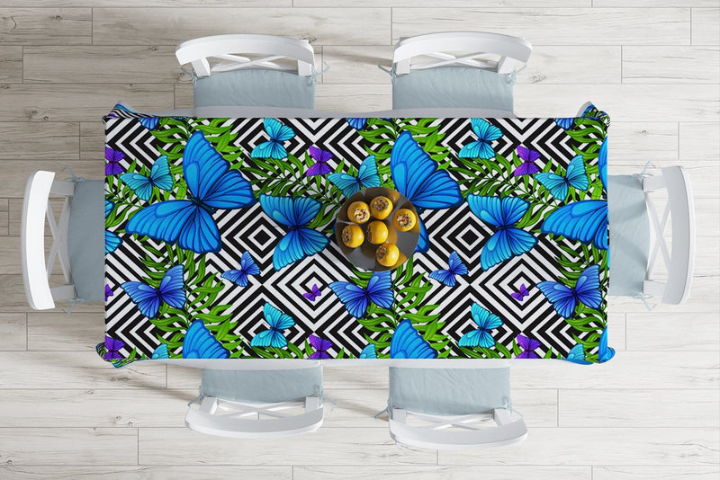 Geometrik Zeminli Mavi Kelebek Baskılı Leke Tutmaz Masa Örtüsü Bonvagon