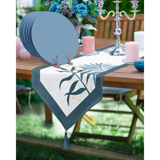 Gold Detaylı Yaprak Tasarımlı Üçgen Püsküllü Runner 1 Adet & 6 Adet Mavi Renkli Supla Bonvagon