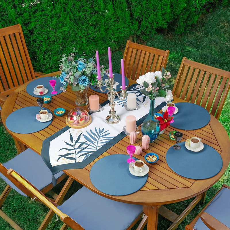 Gold Detaylı Yaprak Tasarımlı Üçgen Püsküllü Runner 1 Adet & 6 Adet Mavi Renkli Supla Bonvagon