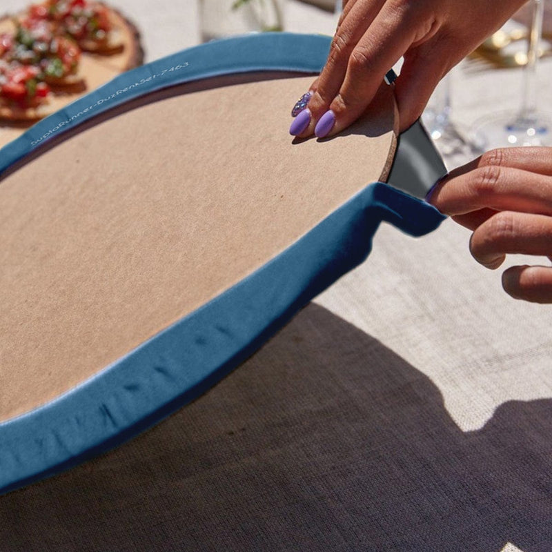 Gold Detaylı Yaprak Tasarımlı Üçgen Püsküllü Runner 1 Adet & 6 Adet Mavi Renkli Supla Bonvagon