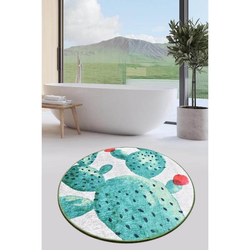 Green Kaktüs Çap 100cm Dijital Baskılı Banyo Halısı, Kaymaz Taban, Yıkanabilir Bonvagon