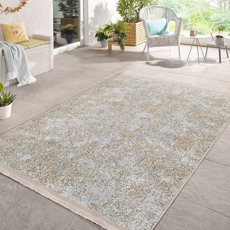 Gri - Bej Örgü Motifli Etnik Desenli Vintage Salon Oturma Odası Mutfak Dijital Baskılı Makinede Yıkanabilir Saçaklı Halı Bonvagon