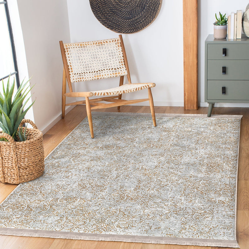 Gri - Bej Örgü Motifli Etnik Desenli Vintage Salon Oturma Odası Mutfak Dijital Baskılı Makinede Yıkanabilir Saçaklı Halı Bonvagon