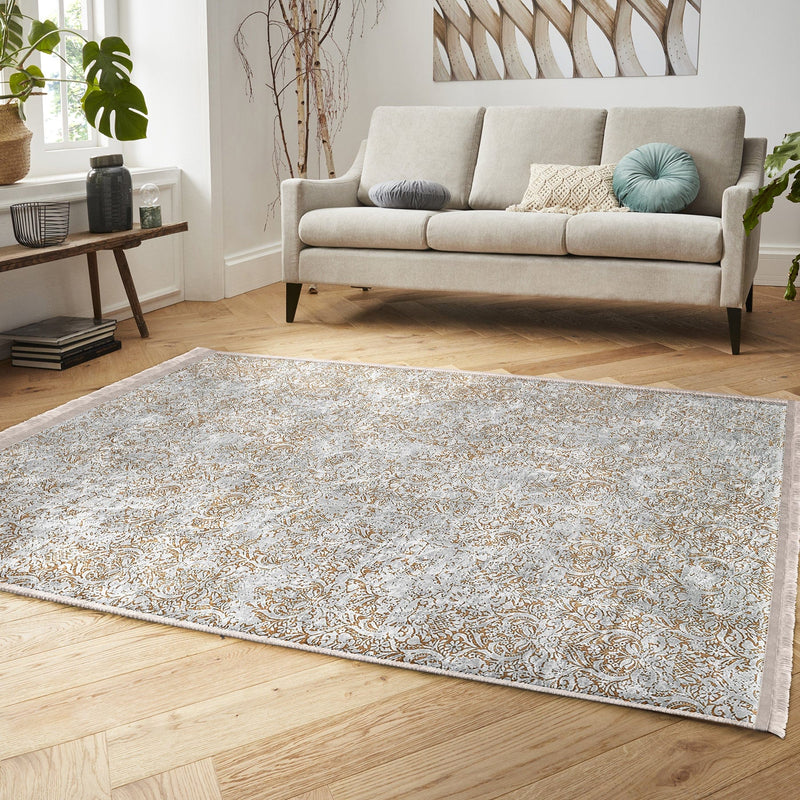 Gri - Bej Örgü Motifli Etnik Desenli Vintage Salon Oturma Odası Mutfak Dijital Baskılı Makinede Yıkanabilir Saçaklı Halı Bonvagon