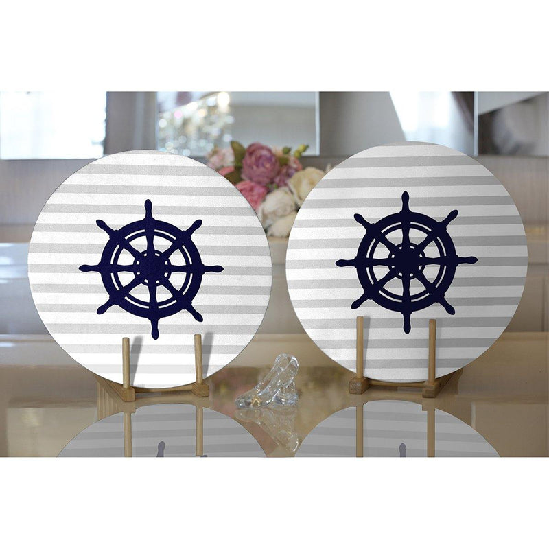 Gri Beyaz Çizgili Çapa Desenli 2li Yuvarlak Amerikan Servisi - Supla Bonvagon