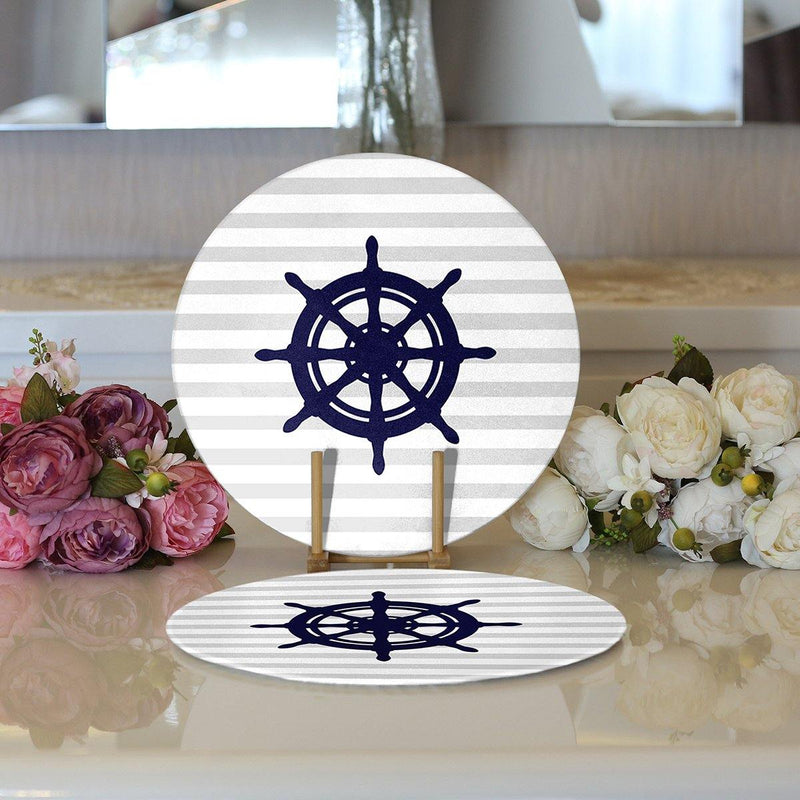 Gri Beyaz Çizgili Çapa Desenli 2li Yuvarlak Amerikan Servisi - Supla Bonvagon