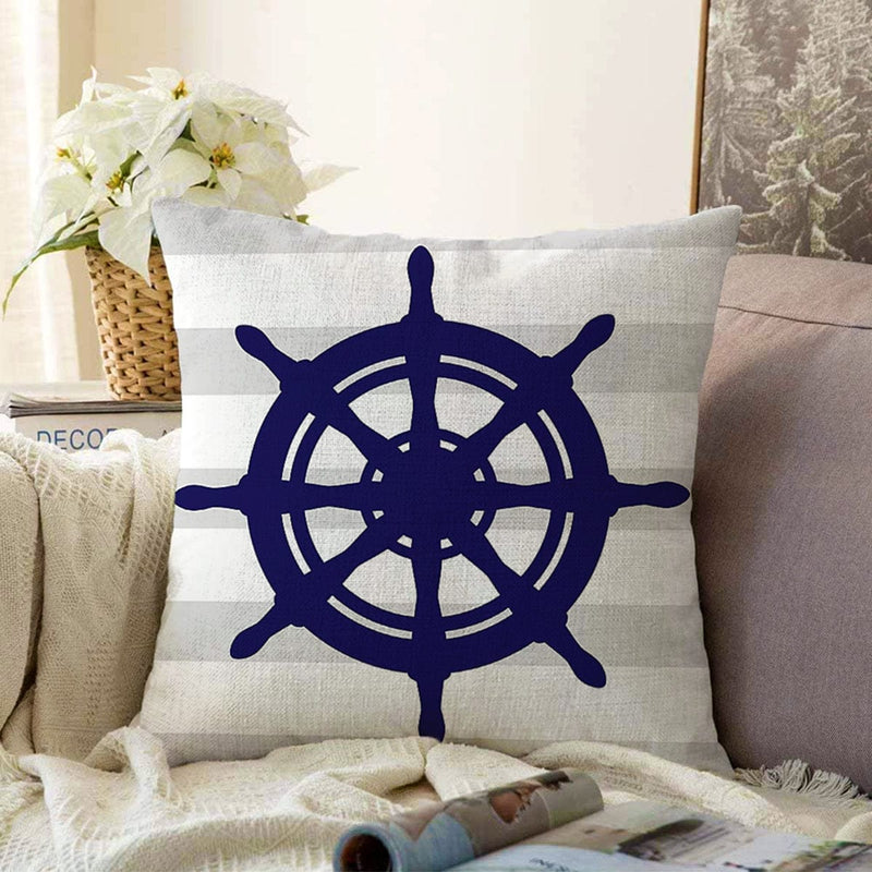 Gri Beyaz Çizgili Çapa Desenli Dijital Baskılı Modern Raşel Kadife Yastık Kırlent Kılıfı Bonvagon