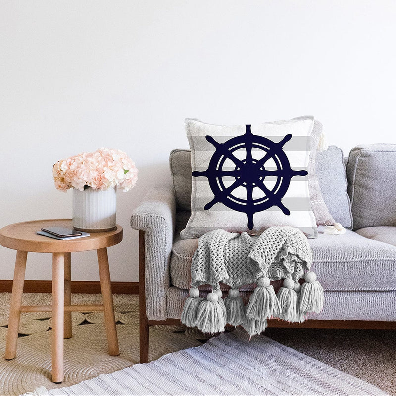 Gri Beyaz Çizgili Çapa Desenli Dijital Baskılı Modern Raşel Kadife Yastık Kırlent Kılıfı Bonvagon