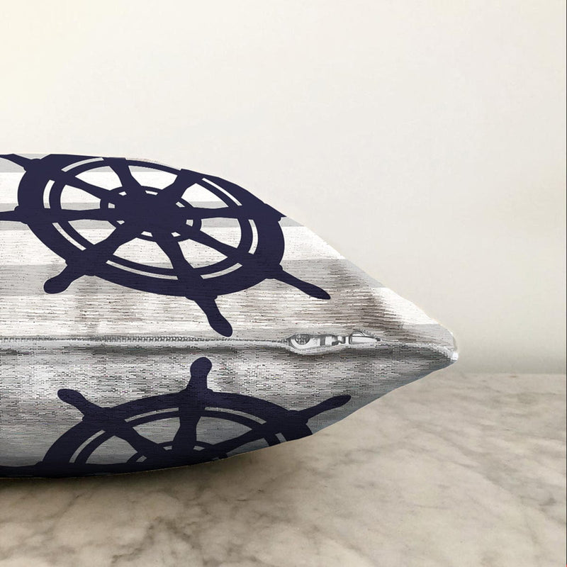 Gri Beyaz Çizgili Çapa Desenli Dijital Baskılı Modern Raşel Kadife Yastık Kırlent Kılıfı Bonvagon