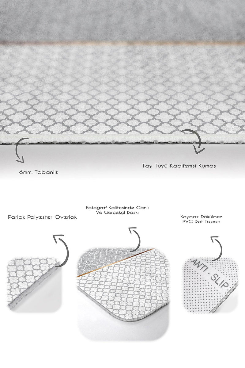 Gri Beyaz Ogea Özel Tasarımlı 2li Halı Takımı Kaymaz Taban Yıkanabilir Bonvagon