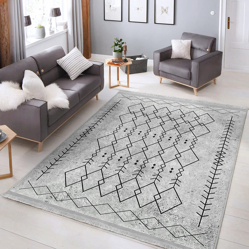 Gri Bohem Motifli Etnik Desenli Vintage Etnik Dijital Baskılı Makinede Yıkanabilir Saçaklı Halı