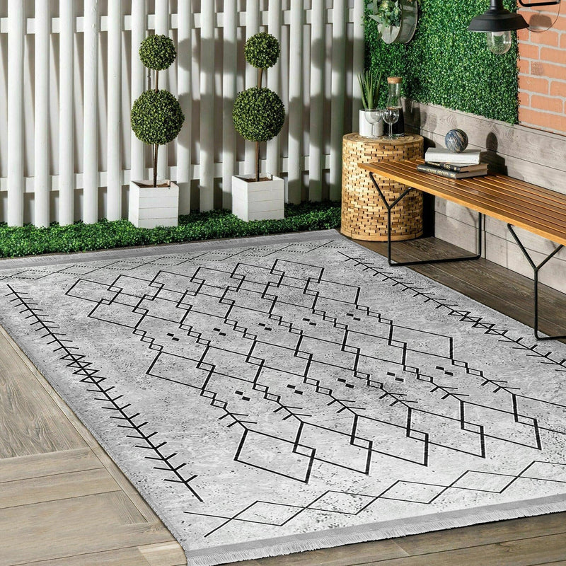 Gri Bohem Motifli Etnik Desenli Vintage Etnik Dijital Baskılı Makinede Yıkanabilir Saçaklı Halı