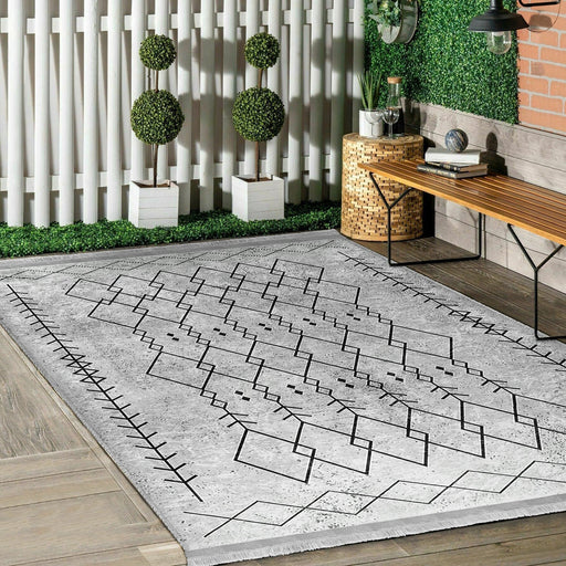 Gri Bohem Motifli Etnik Desenli Vintage Etnik Dijital Baskılı Makinede Yıkanabilir Saçaklı Halı
