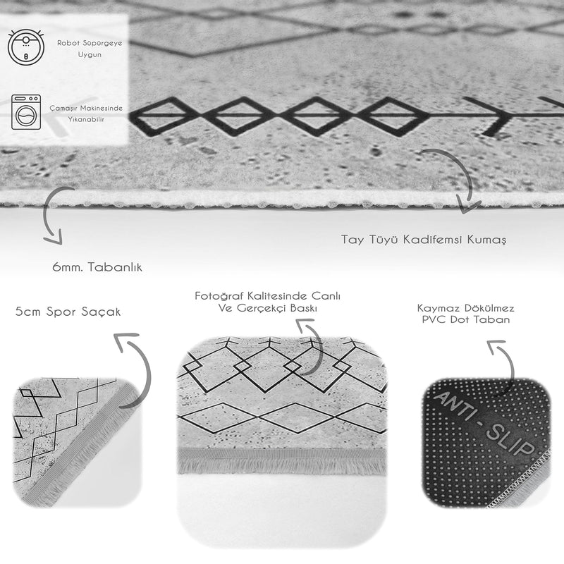 Gri Bohem Motifli Etnik Desenli Vintage Etnik Motifler Salon Oturma Yatak Odası Dijital Baskılı Makinede Yıkanabilir Saçaklı Halı Bonvagon