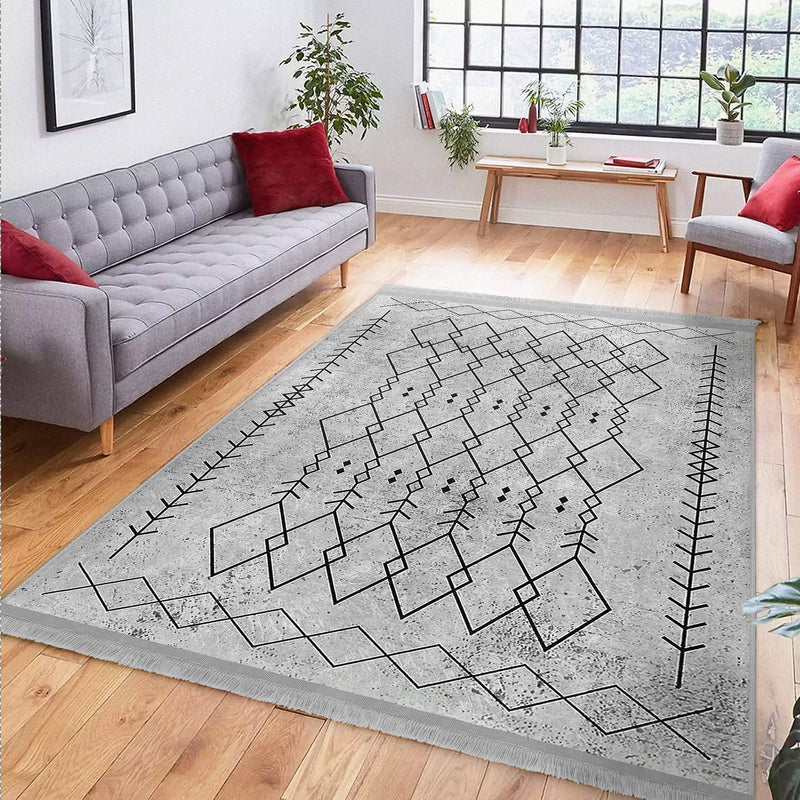 Gri Bohem Motifli Etnik Desenli Vintage Etnik Motifler Salon Oturma Yatak Odası Dijital Baskılı Makinede Yıkanabilir Saçaklı Halı Bonvagon