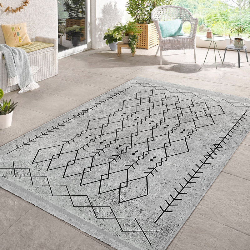 Gri Bohem Motifli Etnik Desenli Vintage Etnik Motifler Salon Oturma Yatak Odası Dijital Baskılı Makinede Yıkanabilir Saçaklı Halı Bonvagon