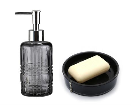 Gri Cam Sıvı Sabunluk Ve Siyah Taşlı Sabunluk 2 Li Banyo Seti Bonvagon