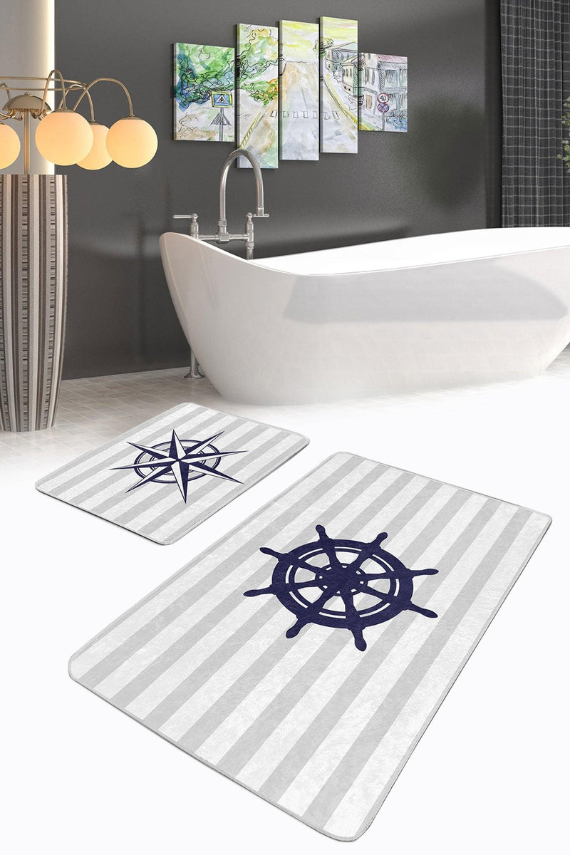 Gri Çizgili Pusula Dümen Tasarımlı 2li Banyo Paspas ve Halısı Takımı Kaymaz Taban Yıkanabilir